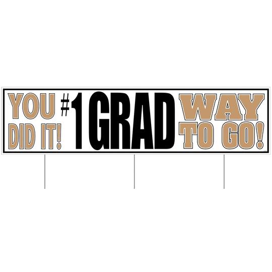 Beistle 11.75" x 47" Black, White & Gold Plastic Jumbo Grad Yard Sign